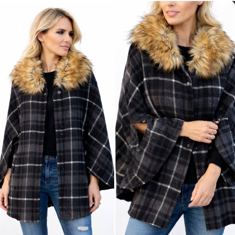 Ralph Lauren Plaid Cape Faux Fur Collar O/S Black Grey Wool Preppy Western Chic